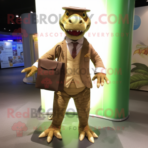 Brown Crocodile mascot costume character dressed with a Suit Pants and Clutch bags