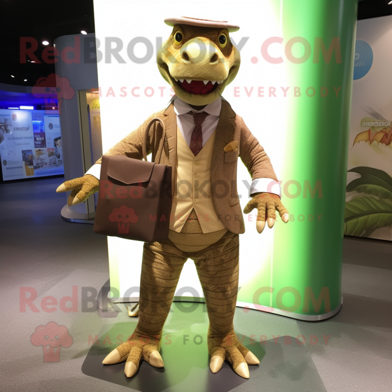 Brown Crocodile mascot costume character dressed with a Suit Pants and Clutch bags Brown Crocodile mascot costume character dressed with a Suit Pants and Clutch bags