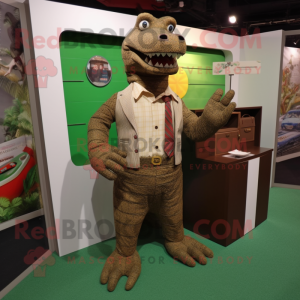 Brown Crocodile mascot costume character dressed with a Suit Pants and Clutch bags