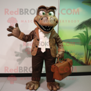 Brown Crocodile mascot costume character dressed with a Suit Pants and Clutch bags