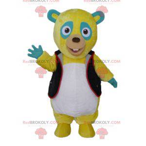 Mascotte de nounours jaune vert et blanc avec un gilet noir -