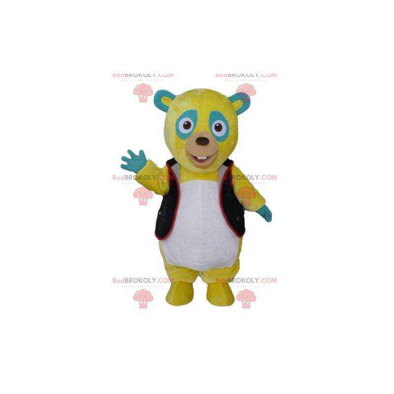 Mascote ursinho de pelúcia amarelo verde e branco com colete