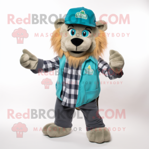 Teal Tamer Lion mascot costume character dressed with a Flannel Shirt and Cummerbunds