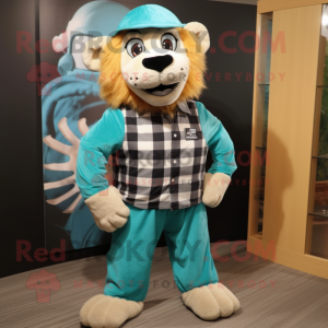 Teal Tamer Lion mascot costume character dressed with a Flannel Shirt and Cummerbunds