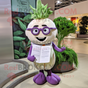 Lavender Turnip mascot costume character dressed with a Henley Tee and Reading glasses