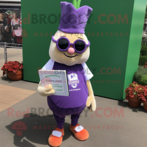 Lavender Turnip mascot costume character dressed with a Henley Tee and Reading glasses