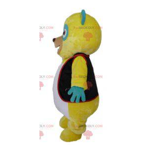 Yellow green and white teddy bear mascot with a black vest -