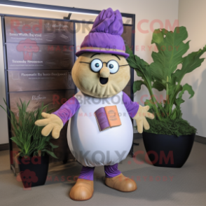 Lavender Turnip mascot costume character dressed with a Henley Tee and Reading glasses