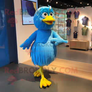 Blue Canary mascot costume character dressed with a Playsuit and Anklets