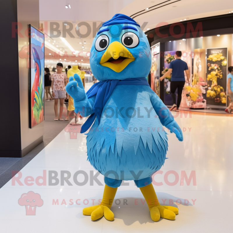 Blue Canary mascot costume character dressed with a Playsuit and Anklets