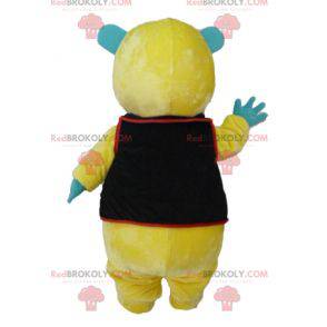 Yellow green and white teddy bear mascot with a black vest -