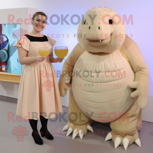 Cream Glyptodon mascot costume character dressed with a Cocktail Dress and Mittens