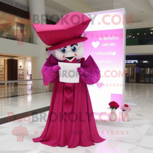 Magenta Love Letter mascot costume character dressed with a Evening Gown and Caps