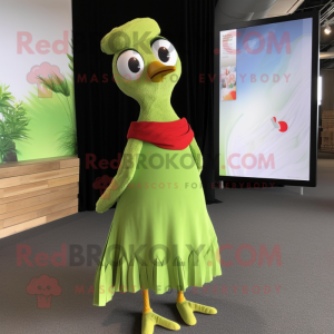 Lime Green Woodpecker mascot costume character dressed with a Maxi Skirt and Brooches