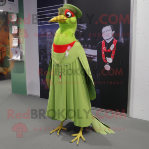 Lime Green Woodpecker mascot costume character dressed with a Maxi Skirt and Brooches