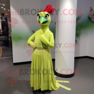 Lime Green Woodpecker mascot costume character dressed with a Maxi Skirt and Brooches