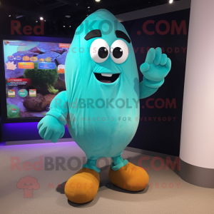 Turquoise Potato mascot costume character dressed with a Trousers and Foot pads