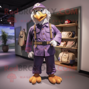 Purple Bald Eagle mascot costume character dressed with a Dungarees and Berets