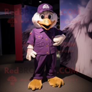 Purple Bald Eagle mascot costume character dressed with a Dungarees and Berets