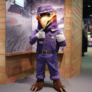 Purple Bald Eagle mascot costume character dressed with a Dungarees and Berets