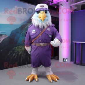 Purple Bald Eagle mascot costume character dressed with a Dungarees and Berets