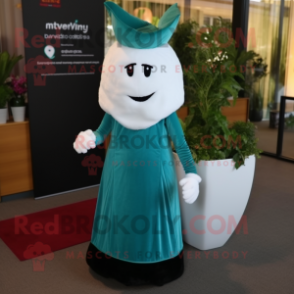 Teal Beet mascot costume character dressed with a Wedding Dress and Beanies