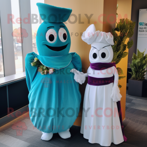 Teal Beet mascot costume character dressed with a Wedding Dress and Beanies
