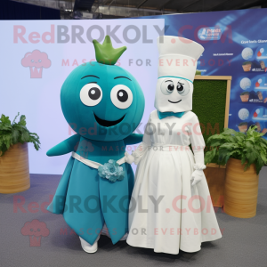 Teal Beet mascot costume character dressed with a Wedding Dress and Beanies