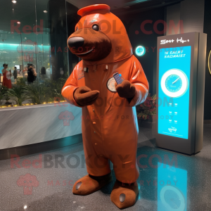 Rust Stellar'S Sea Cow mascot costume character dressed with a Raincoat and Bracelet watches