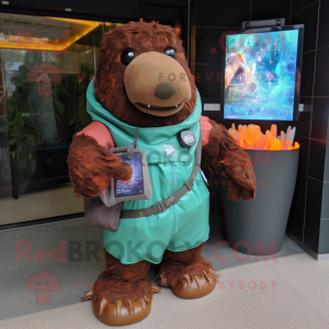 Rust Stellar'S Sea Cow mascot costume character dressed with a Raincoat and Bracelet watches