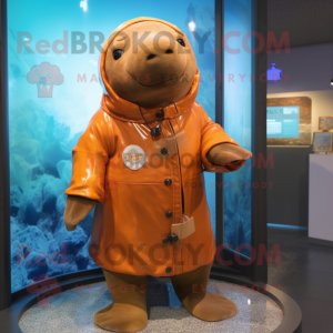 Rust Stellar'S Sea Cow mascot costume character dressed with a Raincoat and Bracelet watches