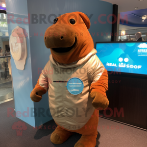 Rust Stellar'S Sea Cow mascot costume character dressed with a Raincoat and Bracelet watches