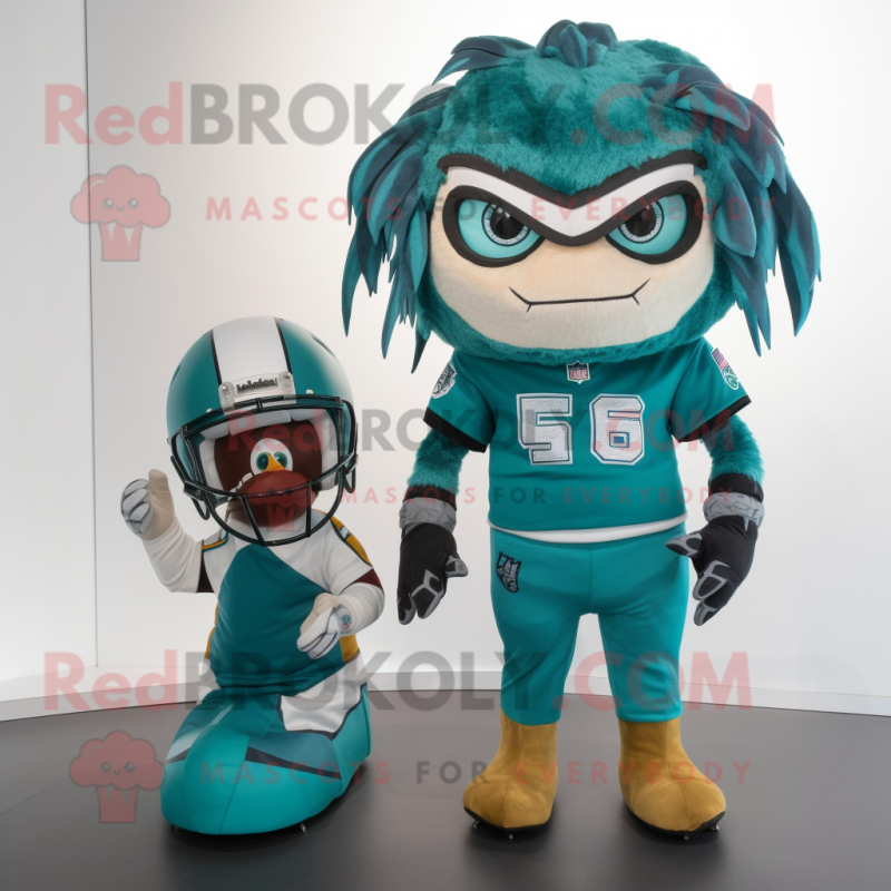 Teal American Football Helmet mascot costume character dressed with a Romper and Hair clips