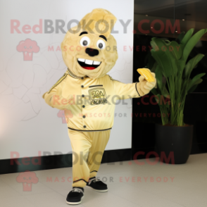 Gold Caesar Salad mascot costume character dressed with a Bomber Jacket and Clutch bags