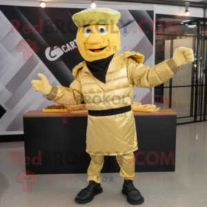 Gold Caesar Salad mascot costume character dressed with a Bomber Jacket and Clutch bags