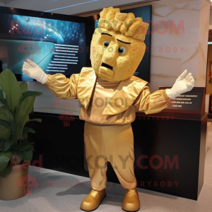 Gold Caesar Salad mascot costume character dressed with a Bomber Jacket and Clutch bags