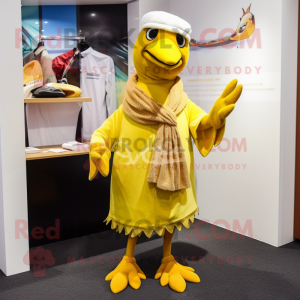 Yellow Seagull mascot costume character dressed with a Dress Pants and Shawls