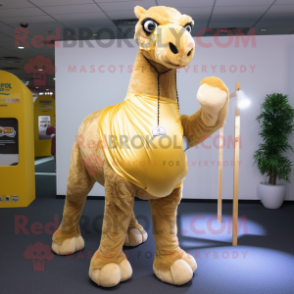 Gold Camel mascot costume character dressed with a Jeans and Shoe laces