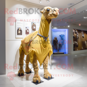 Gold Camel mascot costume character dressed with a Jeans and Shoe laces