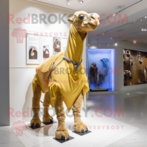 Gold Camel mascot costume character dressed with a Jeans and Shoe laces