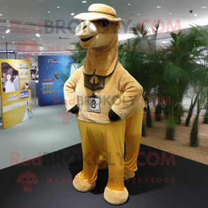 Gold Camel mascot costume character dressed with a Jeans and Shoe laces