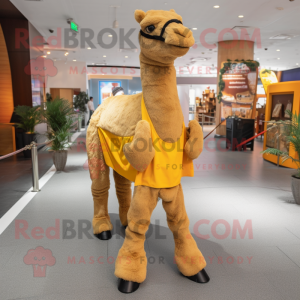 Gold Camel mascot costume character dressed with a Jeans and Shoe laces