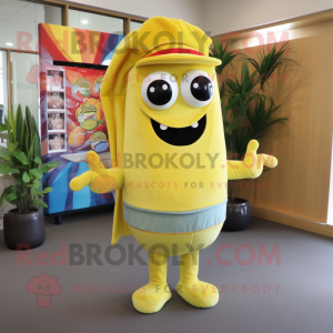 Lemon Yellow Fajitas mascot costume character dressed with a Shorts and Beanies