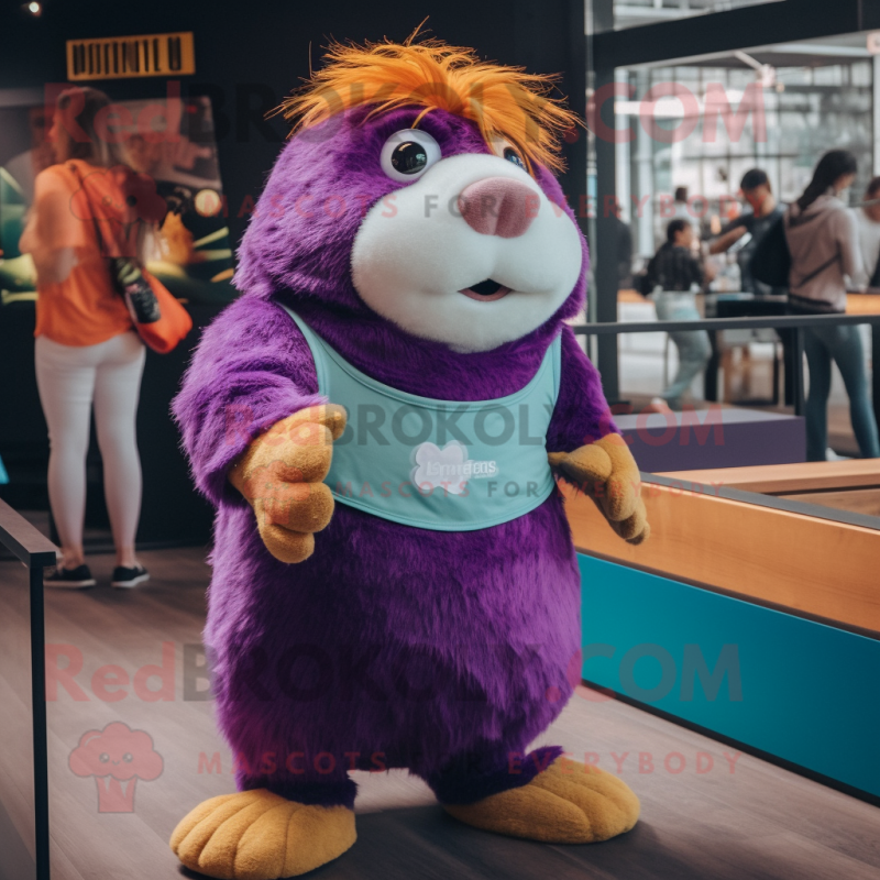 Purple Guinea Pig mascot costume character dressed with a Tank Top and Earrings