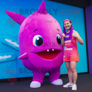 Magenta Narwhal mascot costume character dressed with a One-Piece Swimsuit and Brooches
