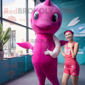 Magenta Narwhal mascot costume character dressed with a One-Piece Swimsuit and Brooches