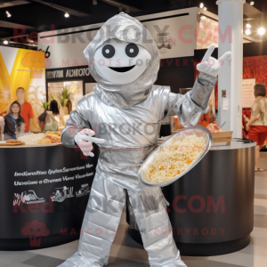 Silver Pad Thai mascot costume character dressed with a V-Neck Tee and Wraps