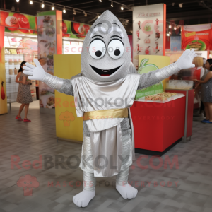 Silver Pad Thai mascot costume character dressed with a V-Neck Tee and Wraps