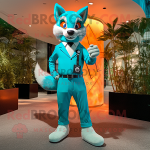 Turquoise Fox mascot costume character dressed with a Suit Pants and Belts