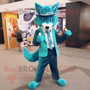 Turquoise Fox mascot costume character dressed with a Suit Pants and Belts